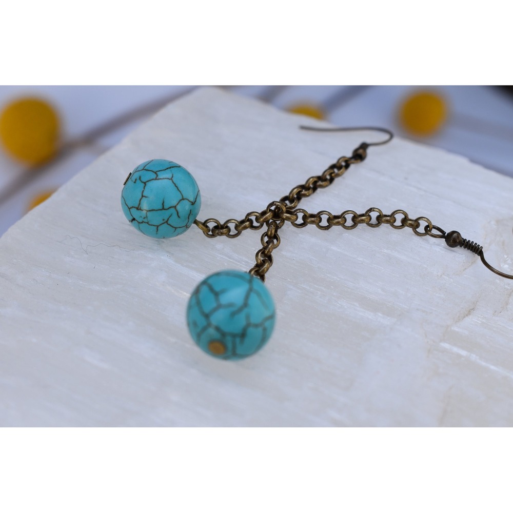 Teal Howlite and brass stone earrings, handmade